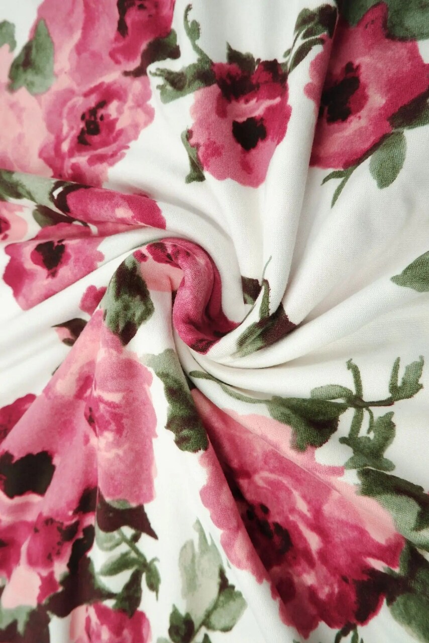 1 Yard Ivory & Rose Floral Print DTY Brushed Knit Fabric Soft Stretch Polyester Spandex 58/60 Inches Wide